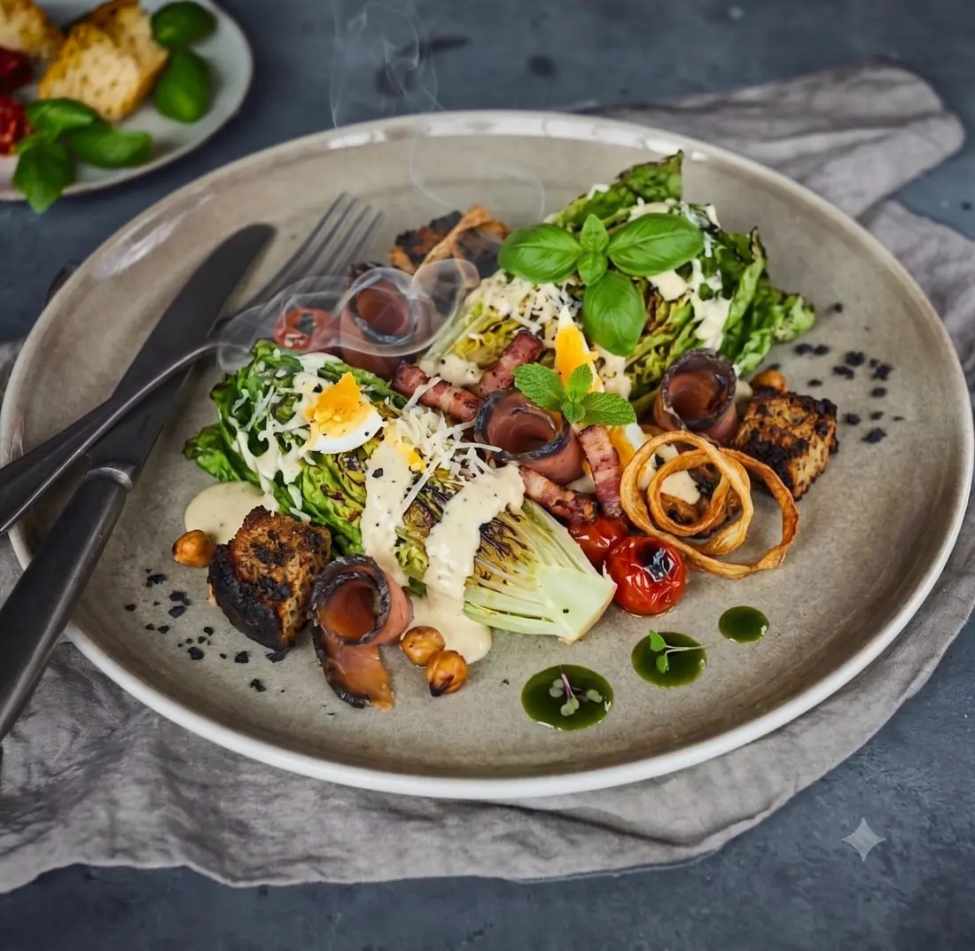 Grillet cæsarsalat anrettet på tallerken — grillet hjertesalat, sprøtt bacon, bløtkokt egg, parmesan og croutons