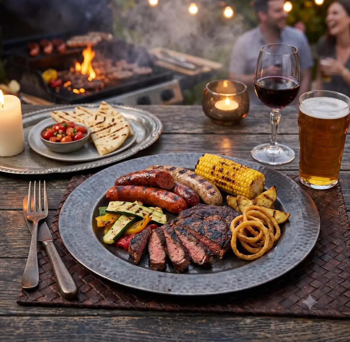 Grillet sommerbuffet ute — biff, pølser, mais og grillet tilbehør, med grill og gjester i bakgrunnen